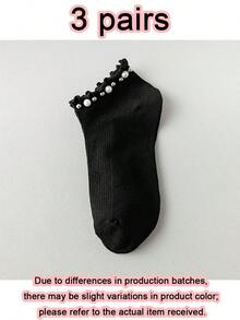 1/3 Pairs Women's Ruffle Cuff Short Socks, Faux Pearl & Rhinestone Decor, Solid Black & White Knit Socks, Sweet & Elegant Style, Soft & Breathable, Suitable For Autumn/Winter, Fashion Accessory, Can Be Paired With Mary Jane Shoes - Multicolor - View 15