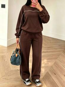Autumn And Winter Commuting Elegant Women's Round Neck Sweatshirt Casual Daily Straight Tube Loose Pants Two Pieces Set - Dark Coffee - View 2