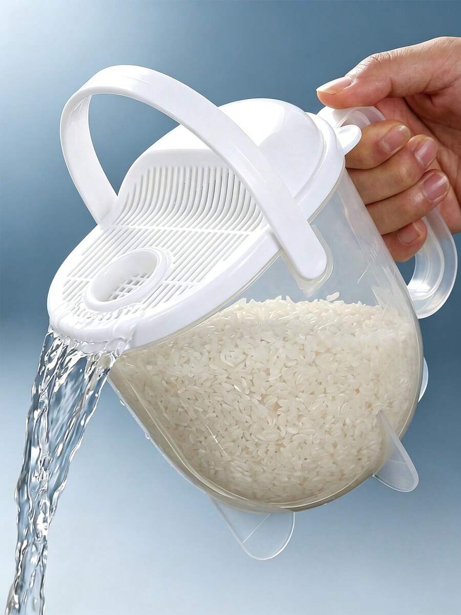 1pc Multifunctional Rice Washer, Size 16*13*8cm, Used For Draining And Rinsing Rice, Allowing You To Wash Rice, Fruits And Vegetables Without Touching Water. Made Of Transparent PP Material, Equipped With Detachable Strainer And Fruit/Vegetable Cleaning Tool. Essential For Kitchen And Home. Also A Thoughtful Gift For Mom