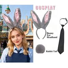 3pcs Rabbit Ear Headband Set, Includes Rabbit Ear Headband + Tail + Tie - Official Bunny Girl Cosplay Headband, Plush Rabbit Ear Headband, Suitable For Halloween, Anime Convention And Theme Party - Multicolor - View 1