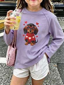 Girls Cotton Raglan Long Sleeve T-Shirt, Spring Wear, Red Heart Glasses Dachshund & Hearts Print, Cute Sweet Girly Preppy Style - Light Purple - View 4