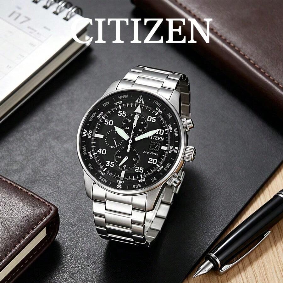 Citizen CA0690-88E 男士耐用飛行員風格計時碼錶，黑色指南針錶盤，銀色不鏽鋼錶帶，適合戶外與城市穿搭 - 銀色 - 查看 1