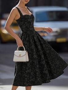 DONICY Women's Black Floral Ruffle Hem Dress, Square Neck Mid-Length Wide Strap Dress, Sweet Romantic Summer Vacation Dress - Black - View 7