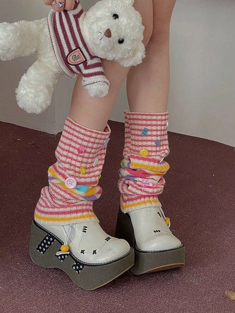 1pair Colorful Millennial Hot Girl Striped Socks-Contrast Color Ins Style Pile Knitted Yarn Leg Cover-Pay Attention To The Random Color Position Of Color Buttons - Multicolor - View 1