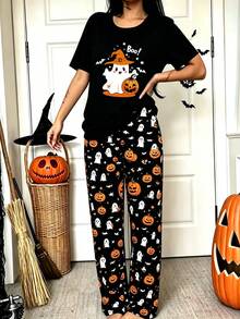 Pijama Halloween mujer, playera negra fantasma Boo y pantalones calabaza fantasma, ropa cómoda para noche de brujas. - Colores mixtos - Ver 4