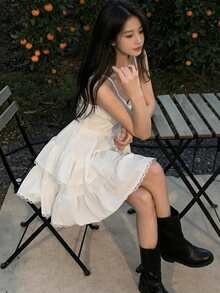 YCYC Spring Sleeveless Floral Lace Trim Cake Skirt Dress Women Fashion - White - View 2