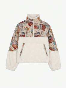 Women's Winter Floral Cat Print Half-Zip Fleece Jacket, Beige, Comfortable Regular Sleeve Short Woven Jacket, Suitable For Autumn Wear, Woven Fabric 270g - Beige - View 3
