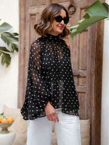 Plus Size Women Polka Dot Print Stand Collar Long Sleeve Loose Blouse - Black - View 6