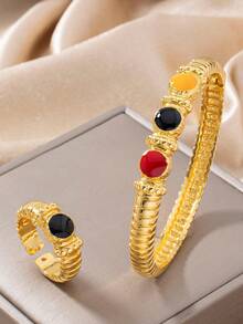 Letingsha 2pcs Luxury Vintage Textured Colorful Enamel Gold-Plated Bracelet & Ring Set, Suitable For Women's Daily Wear, Wedding, Party And Holiday Gift - Multicolor - View 10