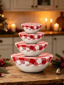 3pcs Christmas Red & White Plaid Pattern Mixing Bowl Covers - Sourdough Bread Bowl Covers - 3CM Large Grid, Fabric Bowl Cover Set, Elastic, Can Cover Fruit, Vegetable Storage Boxes And Adjust Humidity - Red - View 2
