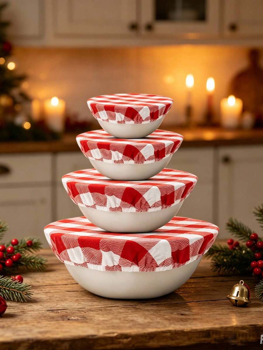 3pcs Christmas Red & White Plaid Pattern Mixing Bowl Covers - Sourdough Bread Bowl Covers - 3CM Large Grid, Fabric Bowl Cover Set, Elastic, Can Cover Fruit, Vegetable Storage Boxes And Adjust Humidity