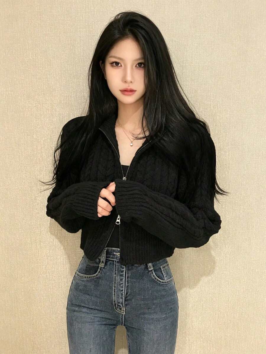 YCYC 女款長袖休閒雙拉鍊短版針織開襟衫