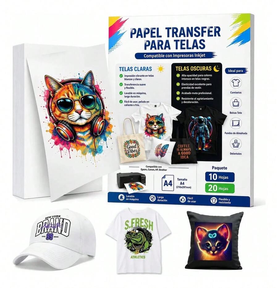Papel Transfer Telas Color Claras Algodón Playeras 20 Hojas - Para telas color claras (blanco/light) - Ver 1