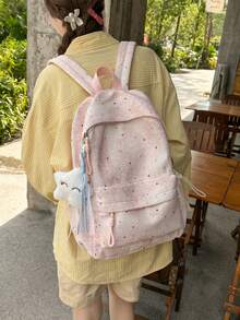 Tie-Dye Star Print Backpack For Women, Fresh Girl Style, Large Capacity Student School Bag For Middle And High School, Campus, Commuting, Travel, Shopping, Casual Backpack With Plush Star Pendant, Multiple Colors Available - A - View 2