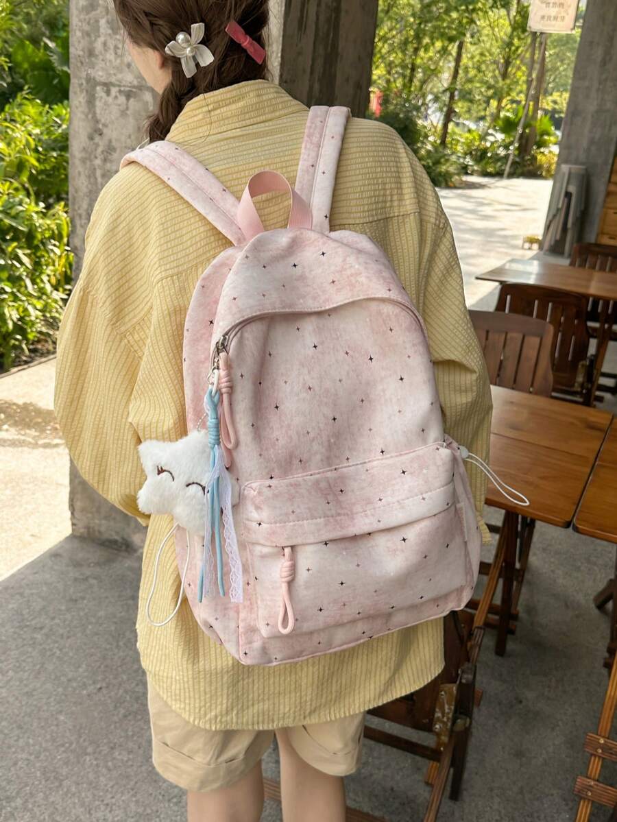 Tie-Dye Star Print Backpack For Women, Fresh Girl Style, Large Capacity Student School Bag For Middle And High School, Campus, Commuting, Travel, Shopping, Casual Backpack With Plush Star Pendant, Multiple Colors Available