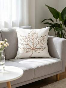 1pc Minimalist Maple Leaf Line Embroidery Pillow Case, Autumn Atmosphere Home Decor, Living Room Sofa Square Decorative Cushion Cover - Multicolor - View 4
