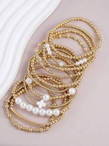 11pcs/Set Fashion CCB Faux Pearl Bracelet Set, Cross Decor Layered Bracelets, Women's Daily, Vacation, Date, Music Festival Party Accessories, Bohemian Style - Gold - View 3