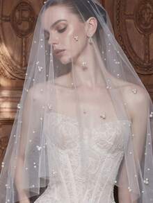 1pc Faux Pearl Bridal Veil With Hair Comb, Short And Long Train Styles Available, Suitable For Church Wedding And Bachelorette Party - White - View 2