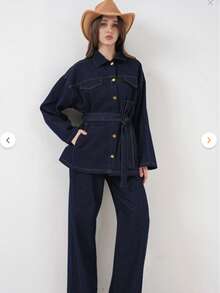 Women's Solid Color Belted Front Button Long Sleeve Top And Jeans Pants Set - Navy Blue - View 5