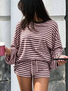 Setelan 2 Potong Wanita Kasual Musim Panas Bergaris Blok Warna Leher Bulat Kaos Lengan Panjang dan Celana Pendek Longgar dengan Tali Serut Pinggang, Elegan untuk Musim Semi - Garis-garis merah muda dan cokelat - View 3