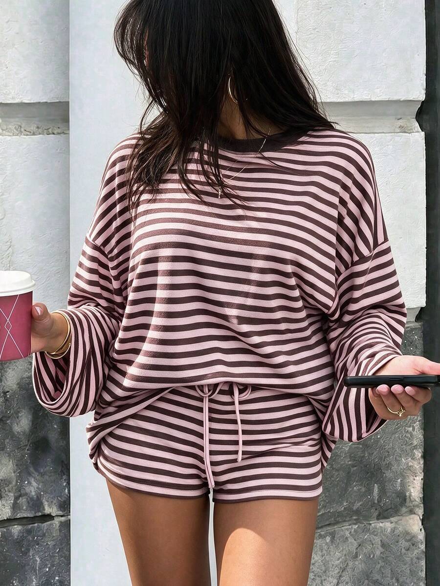 Women's Summer Casual Colorblock Striped Round Neck Long Sleeve T-Shirt And Drawstring Waist Loose Shorts 2-Piece Set Spring Elegant - Pink and Brown Stripes - View 1