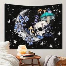 1pc Charming Skull & Mushroom Moon Tapestry - Blending Stars, Butterflies And Floral Patterns, Polyester Material, Includes Installation Accessories - Suitable For Bedroom, Living Room, Office Decor And Theme Parties, Moon Style Wall Decoration - Multicolor - View 2