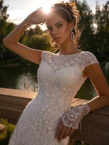 French Beaded Embroidery Light Wedding Dress, Ethereal Mori Style Mermaid Engagement Dress, High-End Shiny Splicing Party Net Splicing Zipper Embroidered Wedding Dress - White - View 2