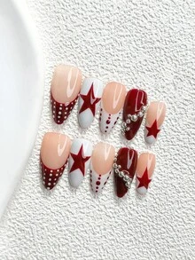秋季 10 件組獨特風格手工穿戴甲 Polygel 美甲套組，星星、鋼珠、紅白色指甲油，酷感風格，附美甲工具，3 種尺寸可選，杏仁甲、鴨嘴甲、棺材甲，適用派對、舞蹈、日常穿戴（手工細節可能有所不同） - 彩色 - 查看 3