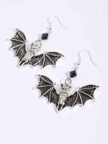 2pcs Vintage Gothic Black Beaded Bat Earrings For Women, Halloween - Black - View 5