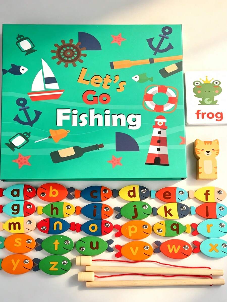 Wooden Magnetic Fishing Game Toy Set With Portable Storage Box, Hand-Eye Coordination Training Toy, Fishing Puzzle Game For Preschool Children - Multicolor - View 1