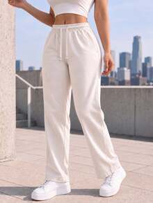 Women High Waist Wide Leg Pants Loose Fit Casual Trousers With Drawstring Waist Solid Color Pants For Everyday Outfit. - White - View 3