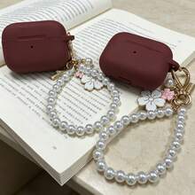 Wine Red Earphone Case With Pearl Pendant, Compatible With AirPods 1/2/3, Pro 2/3, 4/5, Soft Silicone Protective Cover, Exclusive Gift For Women - Burgundy - View 3