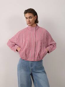 Women's Plaid Stand Collar Long Sleeve Flight Jacket - Red - View 3