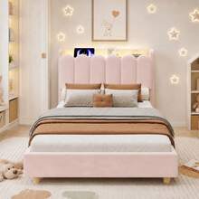 3FT Single Platform Bed Frame 90 X 190, Upholstered Bed With Storage Headboard, Velvet, Light Pink - Light Pink + Velvet + 90cm*190cm - View 5
