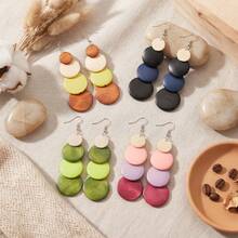 1 Pasang/4 Pasang/Set, Anting Gantung Kayu Berlapis-lapis Motif Patchwork Multi-Warna Gaya Bohemian untuk Wanita - rumbai - View 2