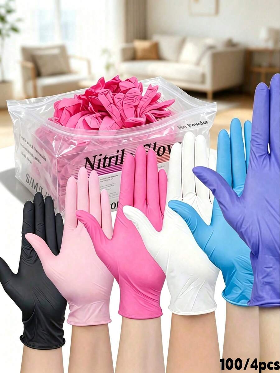 無粉拋棄式丁腈手套，尺寸：S、M、L、XL，耐用家用清潔手套，適用於廚房、浴室、清潔、食品處理、紋身、美容、染髮、寵物、美容院、清潔用品、小型家用電器等（黑色、深粉色、藍色、白色、深紫色、淺粉色、淺綠色、淺紫色、透明）（無包裝盒）4/100/300入