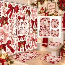 1pc/4pcs Bow & Bell Pattern Multi-Functional Bathroom Decor Shower Curtain Set Free 12 Hooks Premium Festive Atmosphere Bathroom Mat U-Shaped Floor Mat And Round Toilet Lid Cover Suitable For All Scenes Decoration Bathroom Set - Bow Bell - View 1