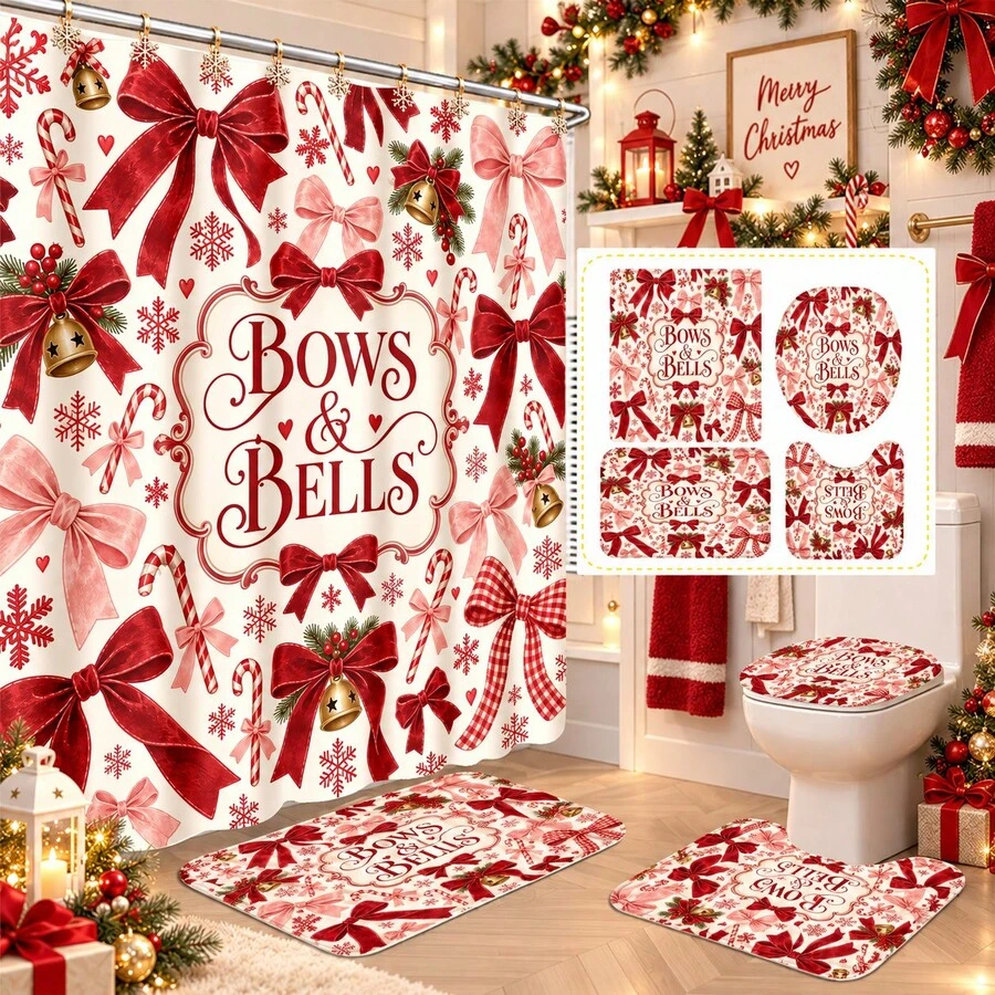 1pc/4pcs Bow & Bell Pattern Multi-Functional Bathroom Decor Shower Curtain Set Free 12 Hooks Premium Festive Atmosphere Bathroom Mat U-Shaped Floor Mat And Round Toilet Lid Cover Suitable For All Scenes Decoration Bathroom Set - Bow Bell - View 1