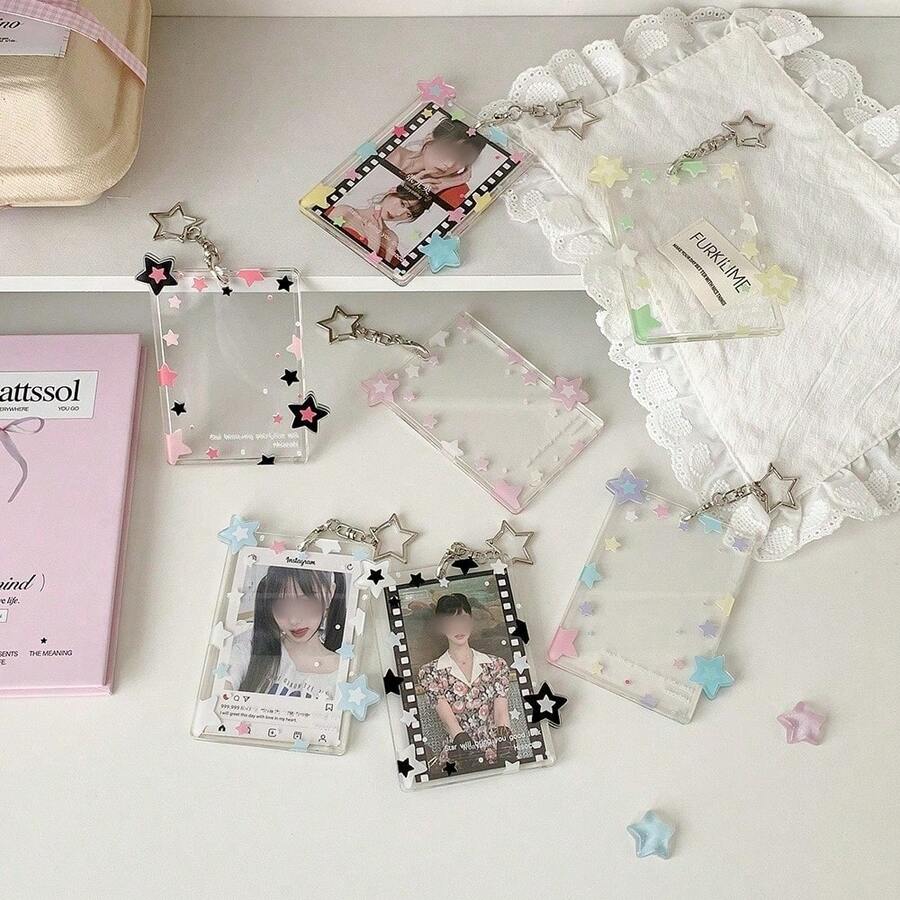 K-Pop Colorful Star Pendant Photocard Sleeve, Transparent 3 Inch Photocard Display Protective Case, Hard Card Holder