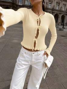 Women's Spring/Autumn Vertical Ribbed Texture Round Neck Tie-Front Long Sleeve Knit Cardigan, Featuring Girly Bow Tie And Ruffle Trim Decor, Slim Fit Cropped Silhouette, Suitable For Daily Commute, Dating And Photo Outfits - Light Yellow - View 6