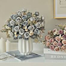 1pc Vintage Artificial Rose Bouquet, Faux Silk Fall Mixed Flower Bunch With Dried Look Greenery, Autumn Wedding Table Centerpiece & Halloween Home Vase Decor - Blue - View 7