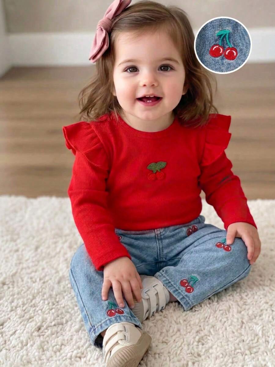 2pcs Set Baju Bayi Perempuan Manis dan Lucu dengan Bordir Motif Ceri, Atasan Lengan Bergelombang, Leher Bulat & Celana Panjang Denim Pinggang Elastis dengan Bordir yang Serasi, Musim Semi/Gugur - Merah - View 1
