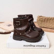 Kids Vintage Buckle & Rivet Decor Mid‑Calf Boots, Stylish Footwear For Daily Outings, Casual Gatherings & Family Trips - Brown - View 6
