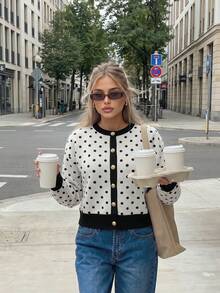 Women Fall Winter Casual Cardigan Sweater Long Sleeve Black With Polka Dot Tops Button Up Going Out Tops - Multicolor - View 9