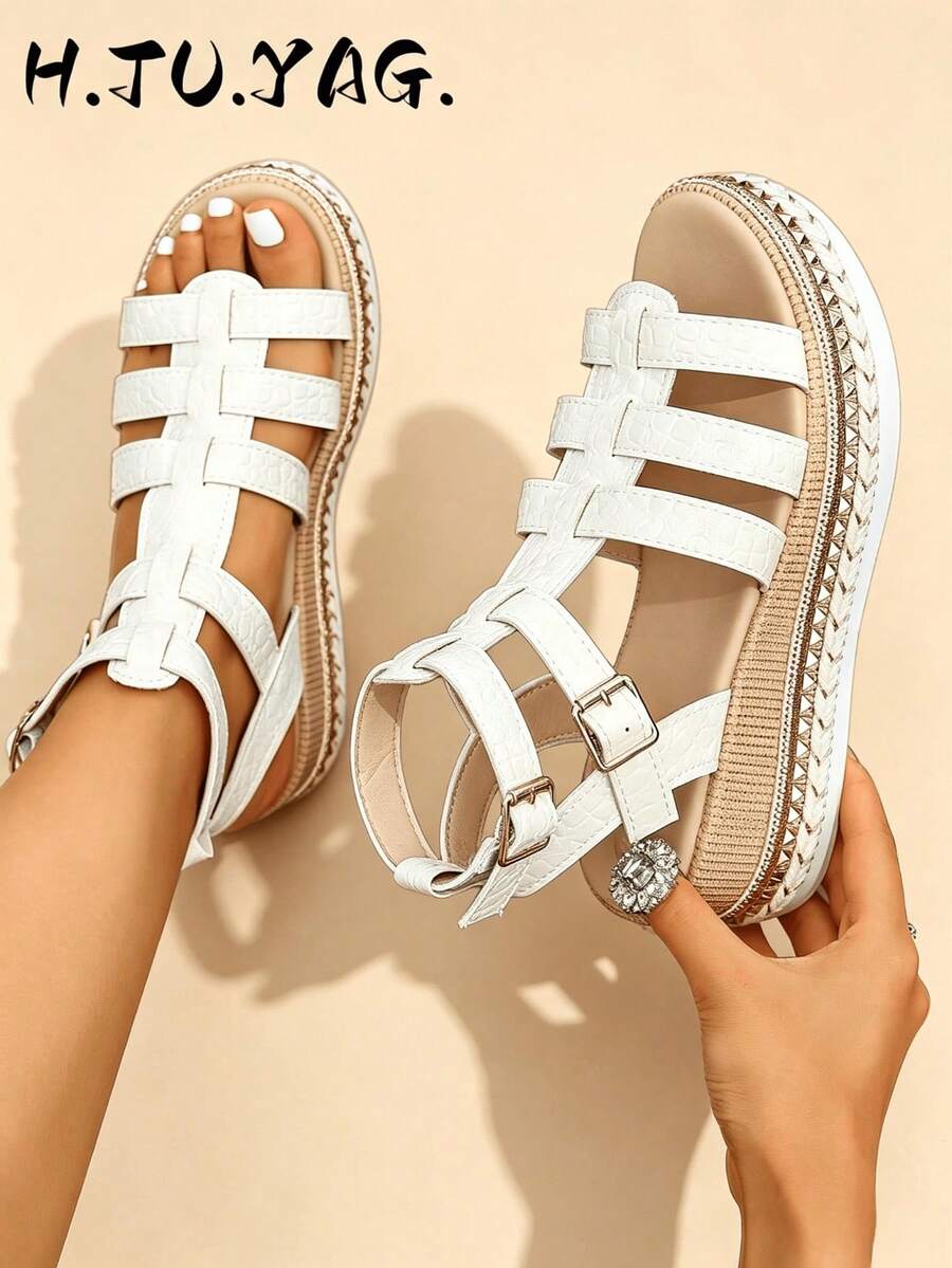 Summer Fashion Women's Wedge Sandals, Bohemian Style Rivet Open Toe Design, Ankle Strap, Breathable Comfortable Casual Elegant Flat Shoes