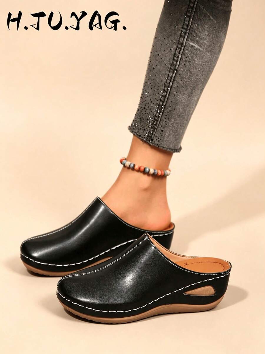 Fashion Women's New Wedge Heel Thick Sole Closed Toe Mule Slippers, Lightweight Comfortable Soft Sole For Home And Walking, Spring And Autumn