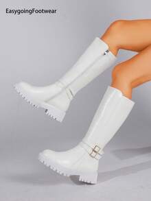 Women's Autumn/Winter Dual Metal Buckle Thick Sole Side Zipper Riding Boots - White - View 3