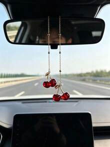 Car Cherry Decorative Hanging Ornament, Alloy Fruit Cherry Rearview Mirror Decoration, Premium Car Interior Decor - A - View 1