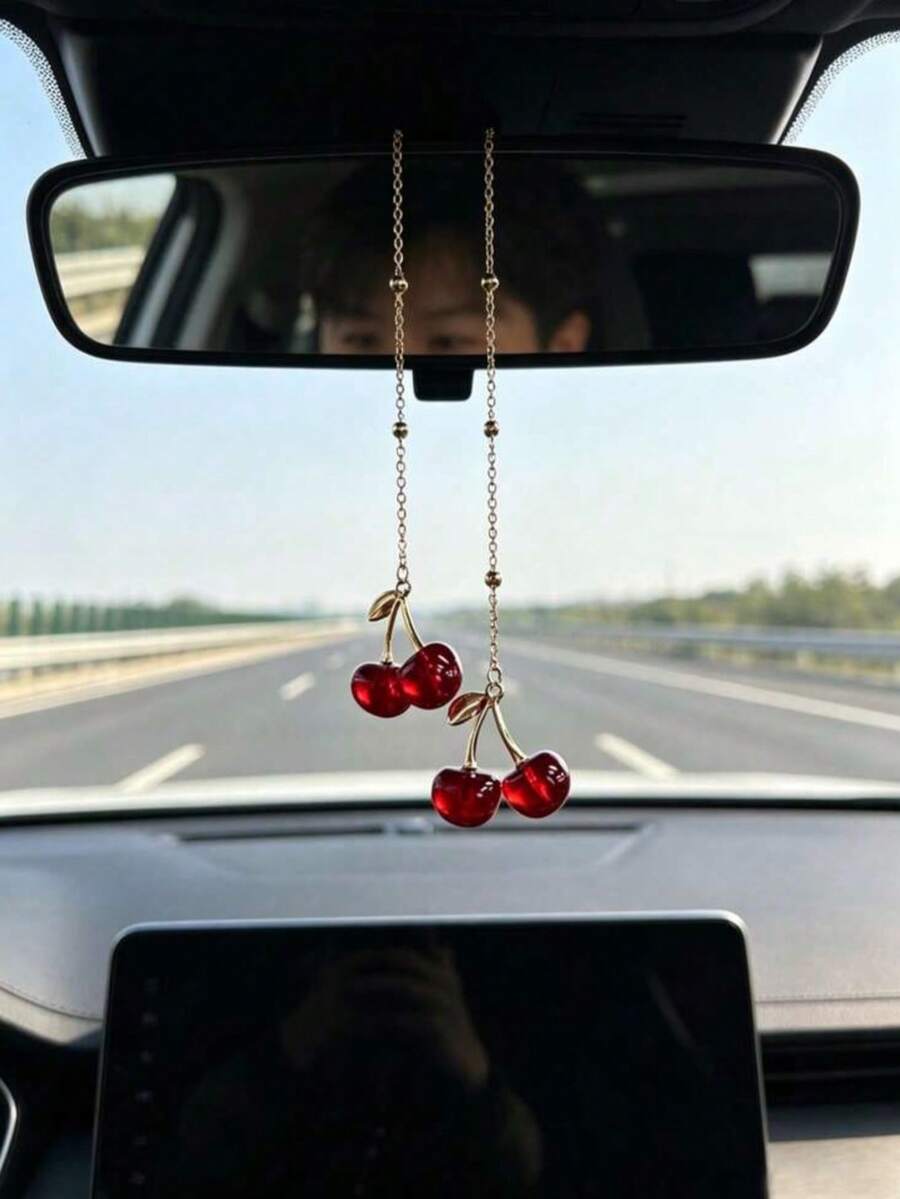 Car Cherry Decorative Hanging Ornament, Alloy Fruit Cherry Rearview Mirror Decoration, Premium Car Interior Decor - A - View 1