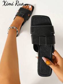 Ximi Ruo 女款春夏新款時尚休閒單帶一字拖鞋，舒適平底低跟圓頭極簡戶外沙灘拖鞋，百搭裝飾平底拖鞋 - 黑色 - 查看 8